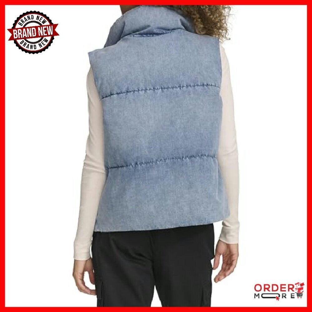 Vegan Leather Quilted Puffer Jacket, Cropped Denim Vest, Women's Sizes - Picture 4 of 6
